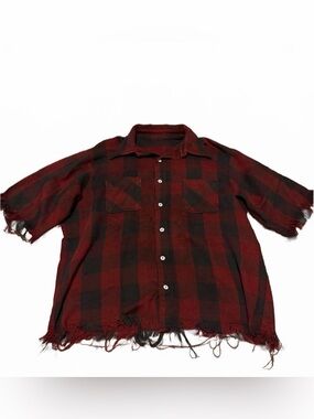 Women’s Red Black Buffalo Plaid Frayed Hem Shirt Button Front Oversized Large XL